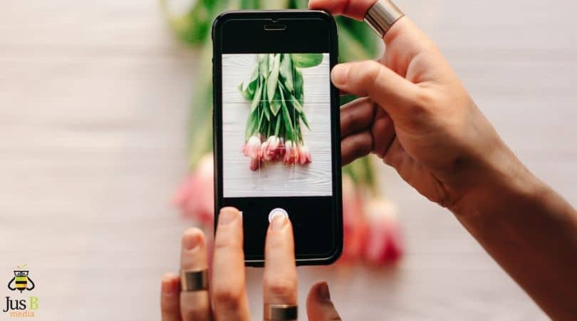 Someone taking a picture from a phone of tulips in an ariel view