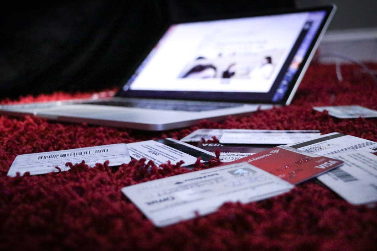 laptop and a bunch of credit cards