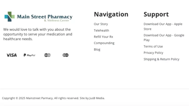 Footer of Main Street Pharmacy website with navigation and support listings