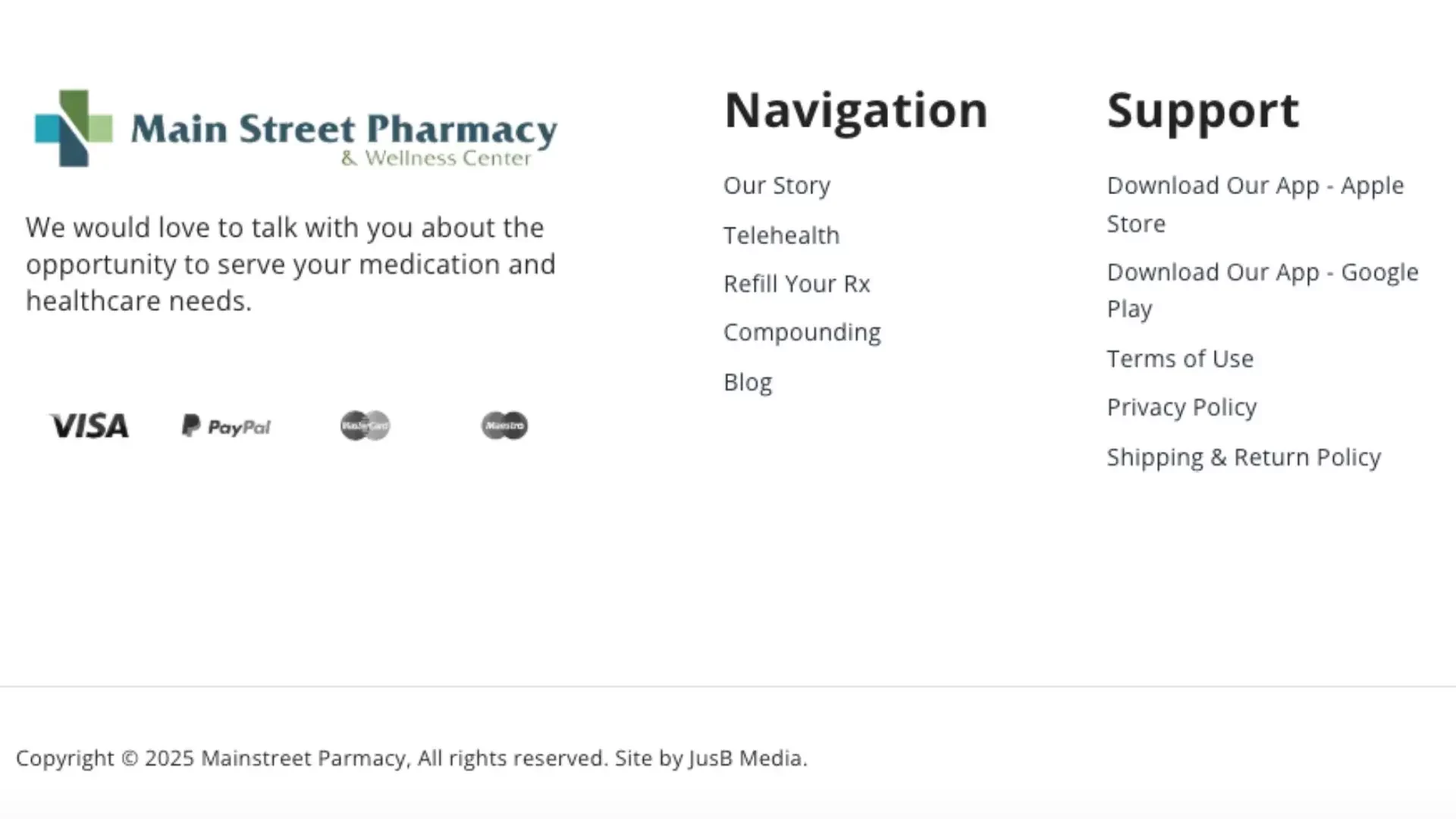 Footer of Main Street Pharmacy website with navigation and support listings